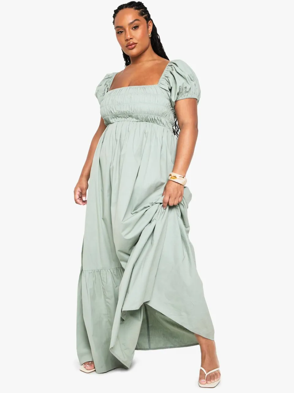 boohoo Dames Plus Cotton Poplin Maxi-jurk met Pofmouwen verstandig, foto 3