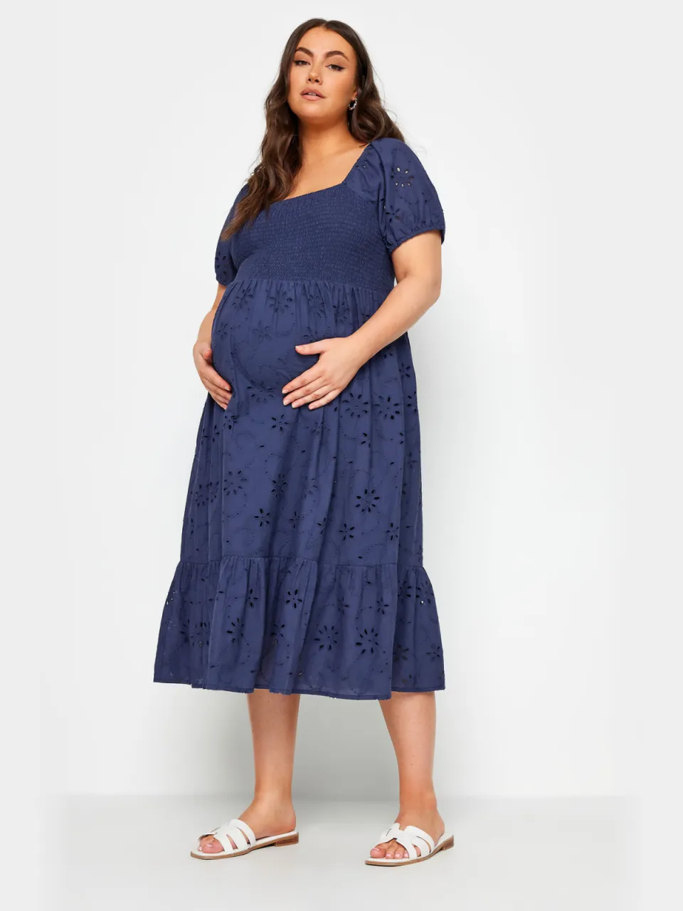 Bump It Up Maternity Midijurk Van Broderie Met Korte Mouwen En Smokwerk In Donkerblauw blauw, foto 2