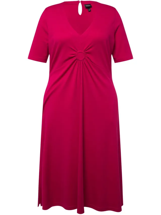 Ulla Popken Dames - Jersey midi-jurk A-lijn V-hals halve mouwen - Fuchsiaroze - Maat 50+