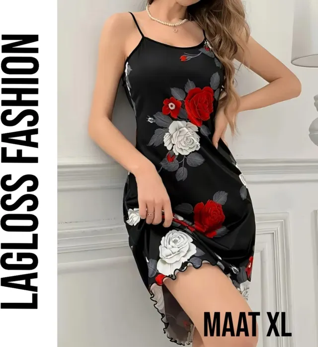 LaGloss Zwarte Camisole Nachtjurk met Bloemenprint – Spaghettibandjes & Ronde Hals – Rood