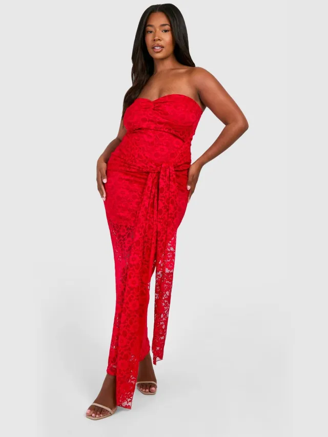 boohoo Dames Plus Strapless Lace Bodycon Jurk Donkerrood