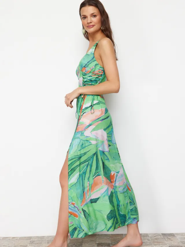 Trendyol TRENDYOLMİLLA Dames Groen Bloemen Maxi Mouwloos Strandkleding Skater Strandjurken, foto 2