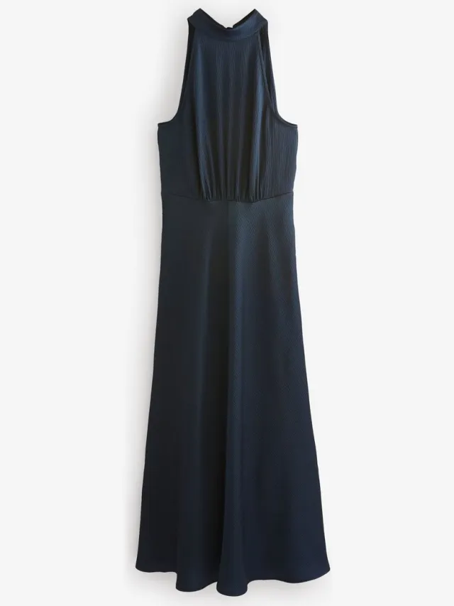 Next Dames - Satijnen halter mouwloze midi-jurk met textuur - Blauw Navy Blue