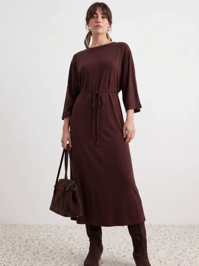 Trendyol Modest Dames Bruin Effen Maxi Lang A-lijn Modest Jurken