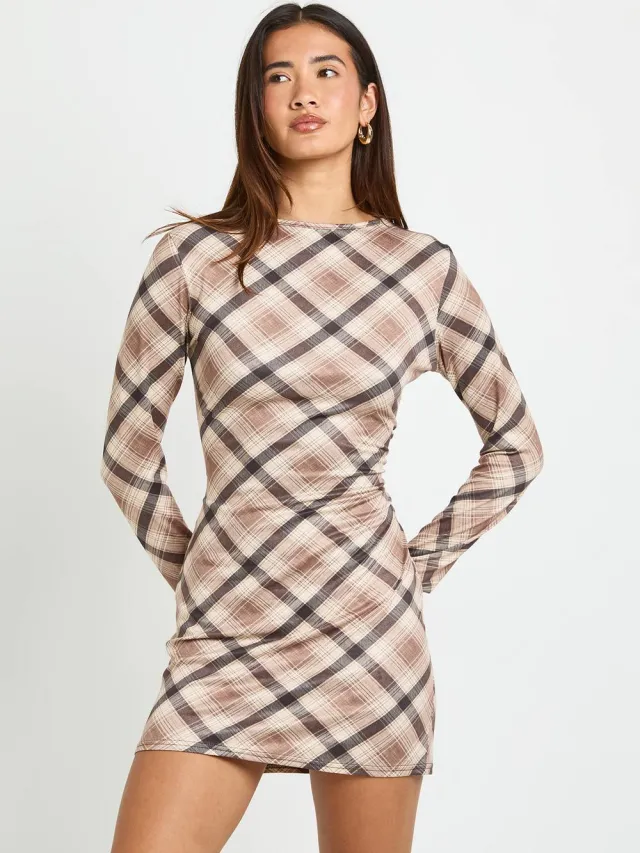 boohoo Dames Tonal Geruit Mini-jurk Met Lange Mouwen Zand