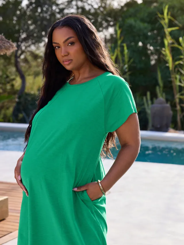 Bump It Up Maternity Katoenen Midi Jurk Met Zakken In Groen Green