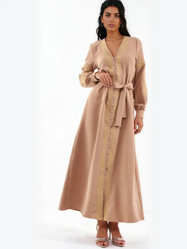 MSN Collection Geborduurde V-hals Maxi-jurk Camel