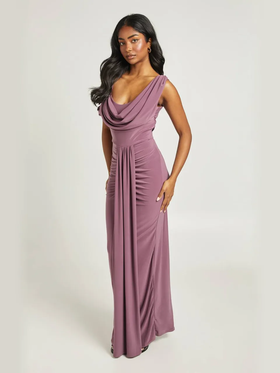 boohoo Dames Dubbele Laag Slinky Draperie Voorpand Cold Shoulder Maxi Jurk mauve, foto 2