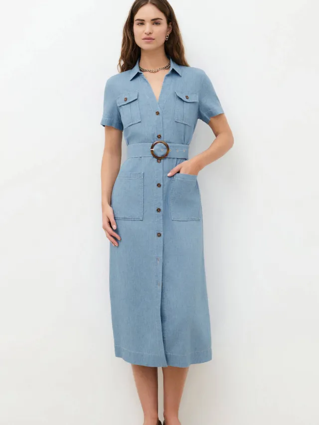 Caroll blousejurk met ceintuur en linnen - lichtblauw Light blue