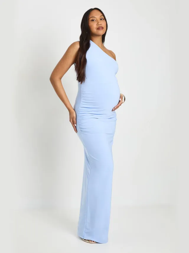 boohoo Dames Zwangerschaps Double Slinky One-shoulder Geplooide Maxi Jurk Babyblauw