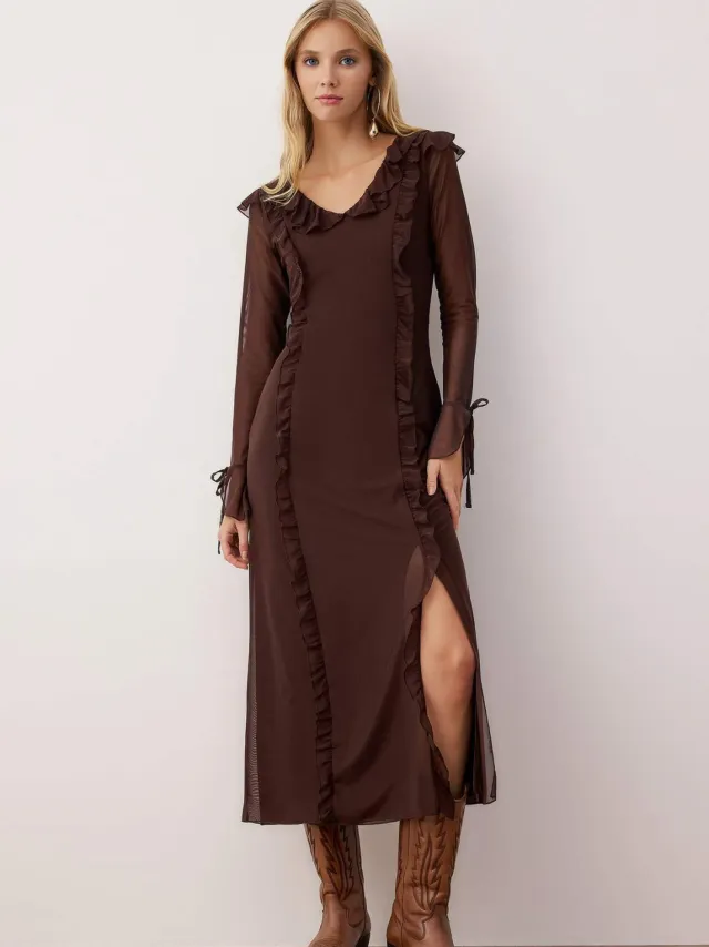 Trendyol TRENDYOLMİLLA Dames Bruin Effen Maxi Lang Casual A-lijn Jurken