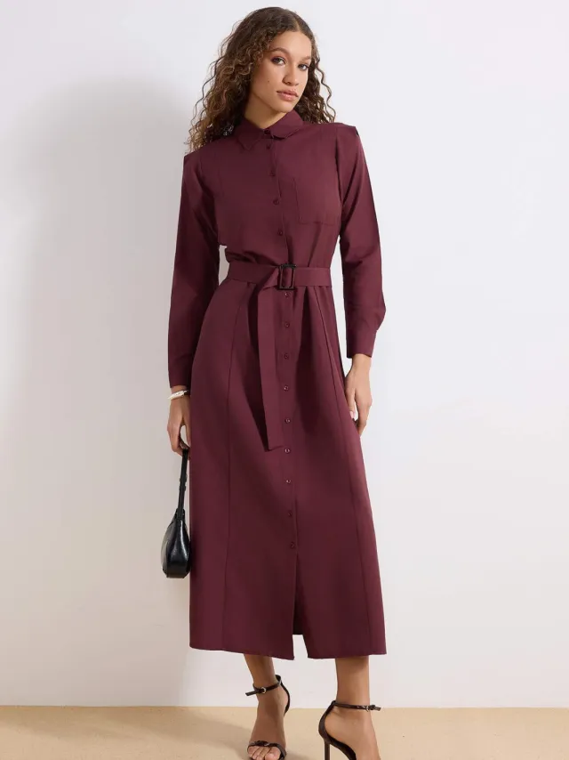 Trendyol Modest Dames Paars Effen Maxi Lang Casual Skater Modest Jurken Rood