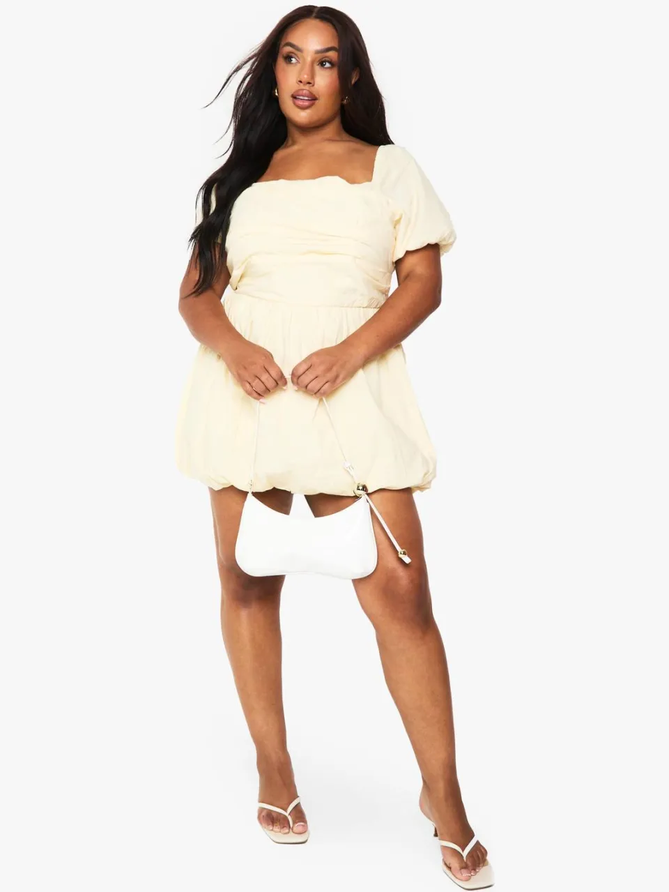 boohoo Dames Plus Katoenen Poplin Jurkje met Korte Mouwen en Puffbal Zoom lemon, foto 3