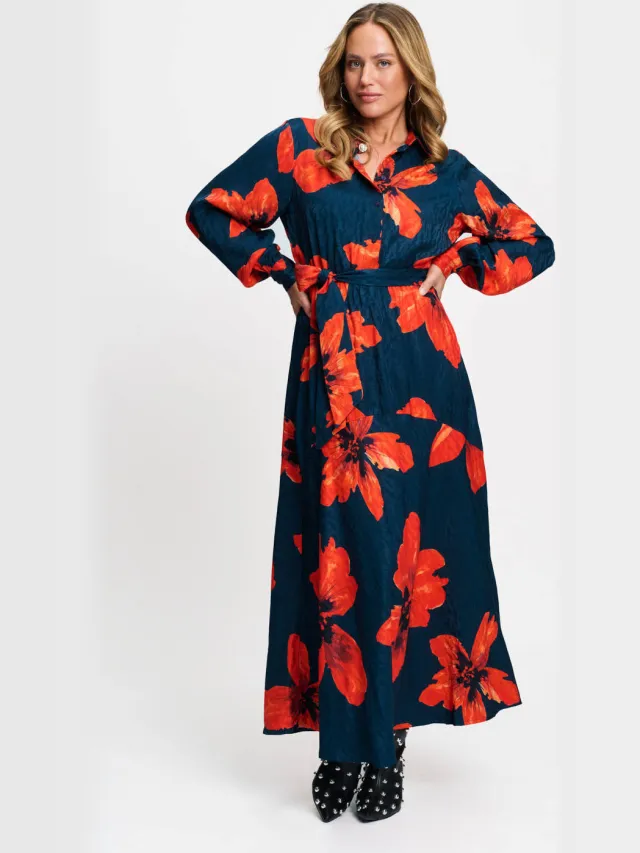 POM Amsterdam gebloemde maxi jurk met ceintuur - donkerblauw/rood