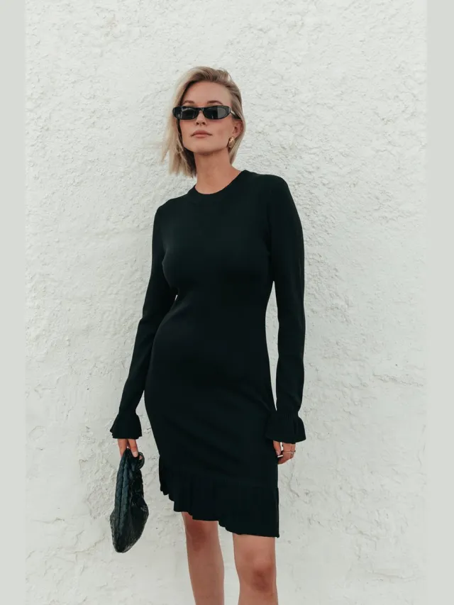 Colourful Rebel Robijn Ruffle Fine Knit Dress Black