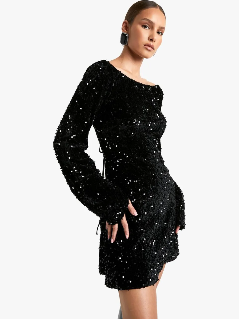 boohoo Dames Fluwelen Pailletten Tie Back Shift Jurk Zwart