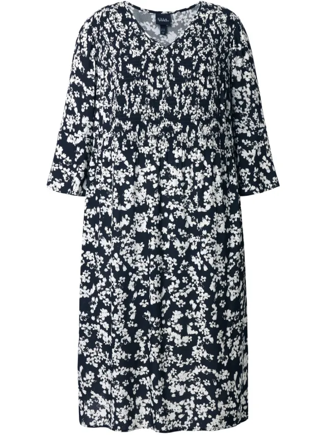 Ulla Popken Dames - Midi-jurk bloemen A-lijn V-hals 3/4-mouwen - Zwart - Maat 42+