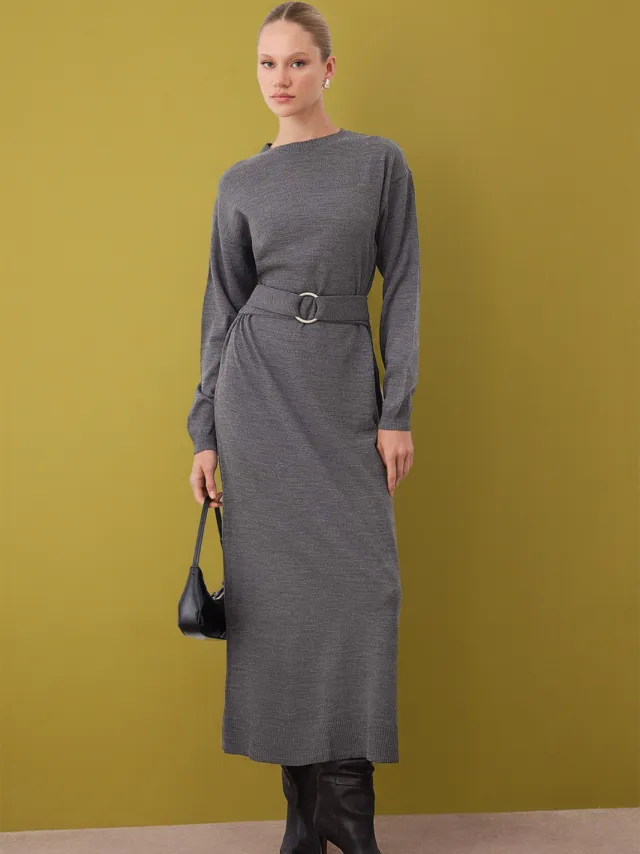 Trendyol Modest Dames Grijs Effen Maxi Lang Casual A-lijn Modest Jurken