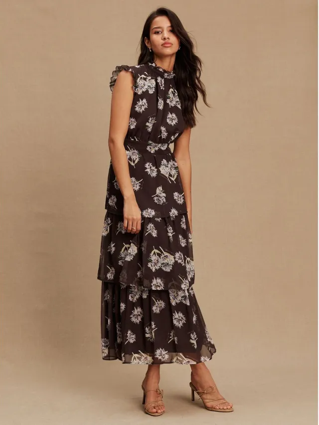 Next Dames - Bedrukte maxi-jurk met hoge hals en gelaagde rok voor speciale gelegenheden - Bruin Chocolate Brown Floral