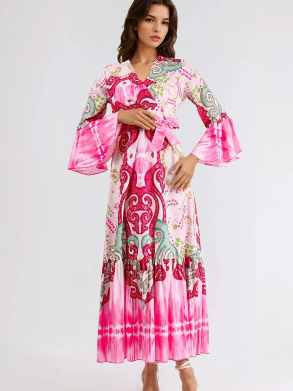 MSN Collection Rimpelige Paisley V-hals Maxi Jurk roze, foto 2