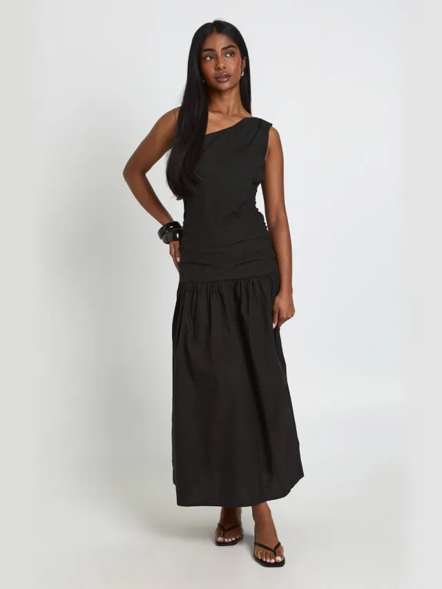 boohoo Dames Katoenen Poplin One-shoulder Gerimpelde Midaxi Jurk Zwart
