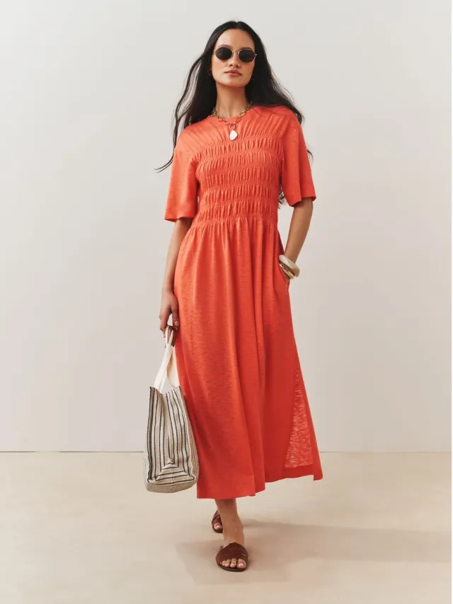 Next Dames - Jersey midi-T-shirtjurk met korte mouwen en aangerimpeld lijfje - Oranje Coral Orange