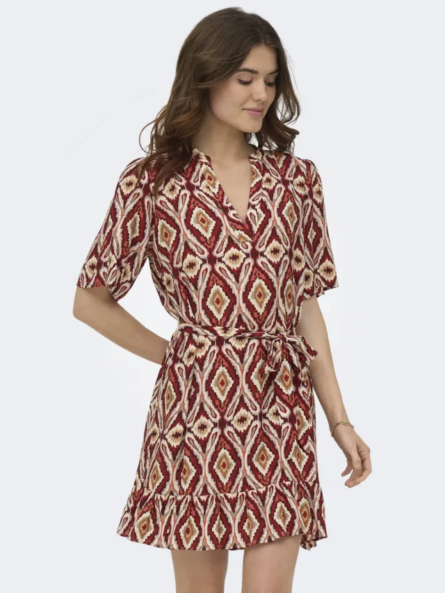 Only minijurk met ceintuur en print - donkerrood Donkerrood/ecru
