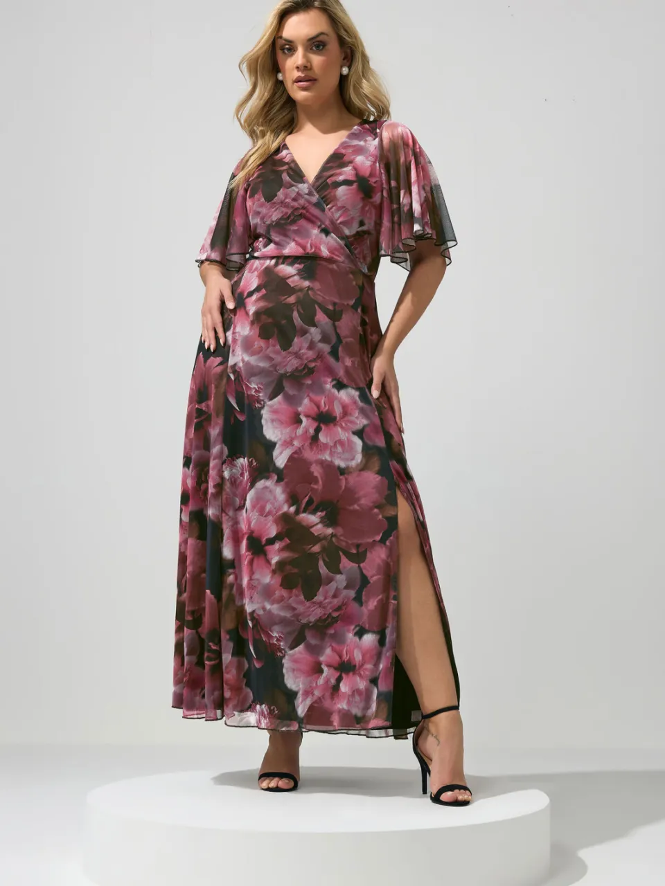 Yours London Bourgondisch Rood Bloemen Abstract Mesh Jurk, foto 2