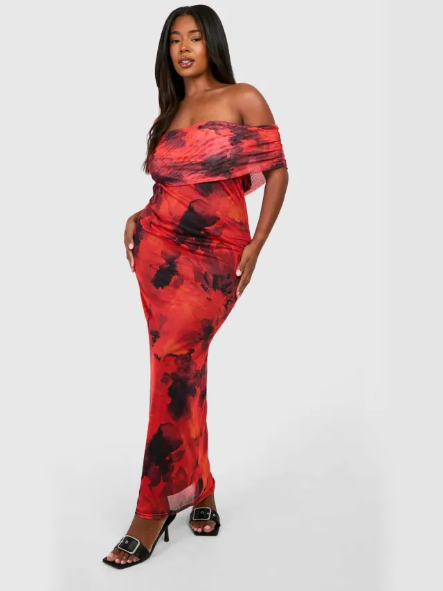boohoo Dames Plus Bardot Floral Maxi Jurk Bloemen