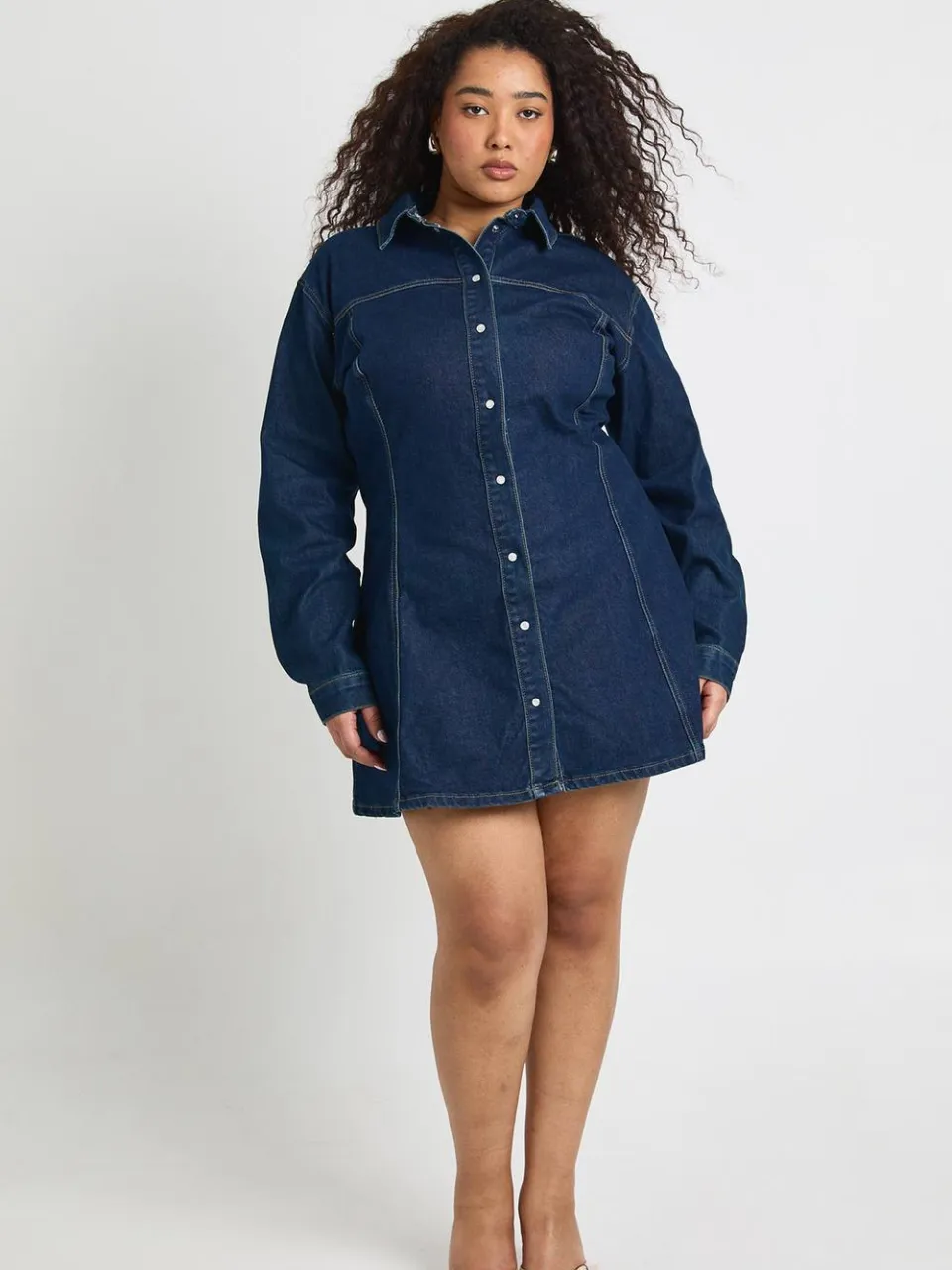 boohoo Dames Plus Denim Getailleerde Knoopjurk met Skater Silhouet, foto 3