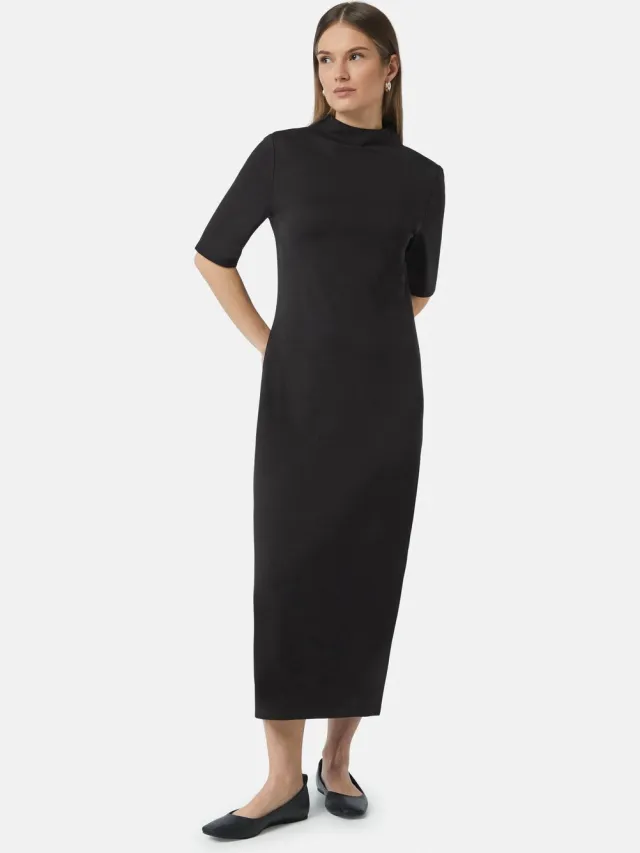 Comma female - Interlock jersey jurk met opstaande kraag zwart