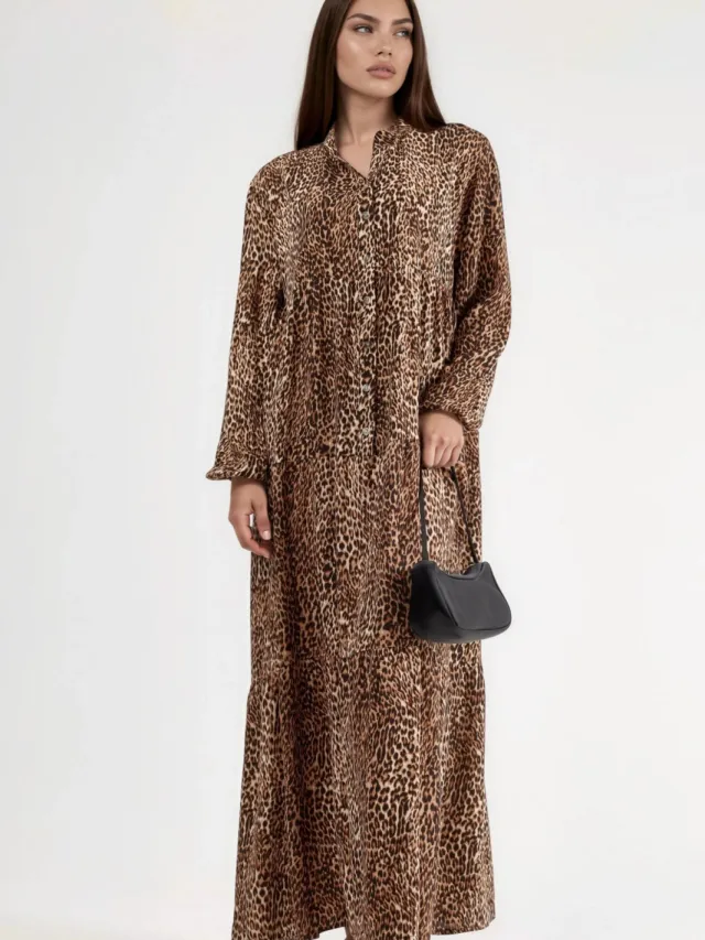 Hiccup Comfort Fit Luipaardprint Maxi Jurk Camel