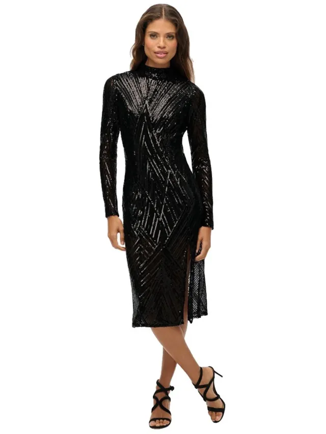 Superdry Open Back Midi-jurk Met Lange Mouwen Zwart XS Vrouw Black