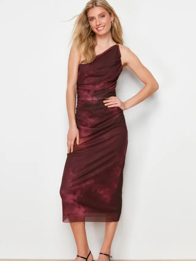 Trendyol TRENDYOLMİLLA Dames Bordeaux Abstract Maxi Mouwloos Avond / Dagelijks Bodycon Jurken Bordeauxrood