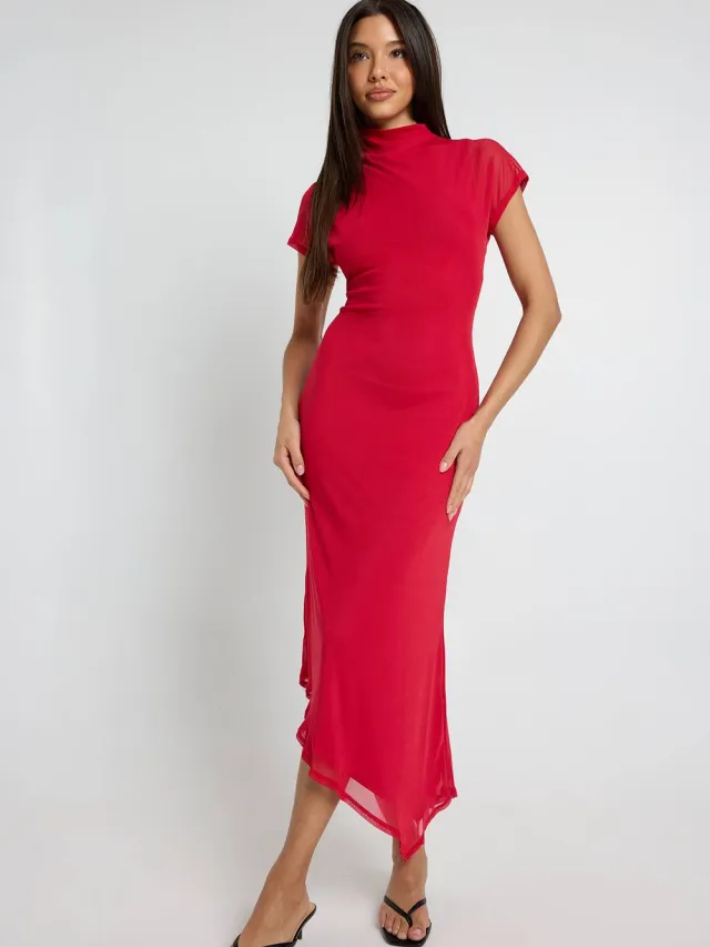 boohoo Dames Mesh Jurk Met Korte Mouwen En Asymmetrische Zoom Midaxi Rood