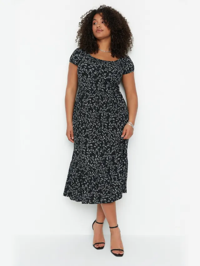 Trendyol Curve Dames Zwart Bloemen Maxi Kort Stijlvol/Avond A-lijn Grote maten Jurk