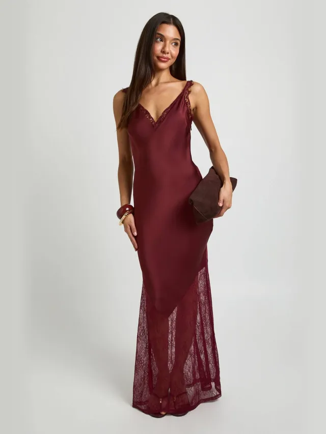 boohoo Dames Kanten Zoom Slip Jurk Bordeaux Rood