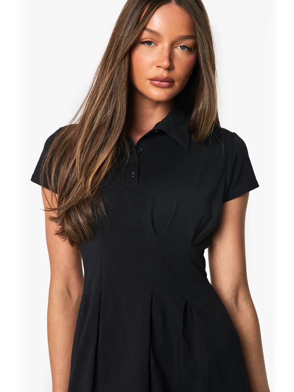 boohoo Dames Cotton Collared Pleated Mini Dress zwart, foto 4