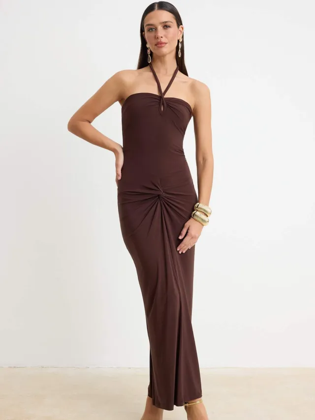 Trendyol TRENDYOLMİLLA Dames Bruin Effen Maxi Mouwloos Recht Avond & Gala Jurk