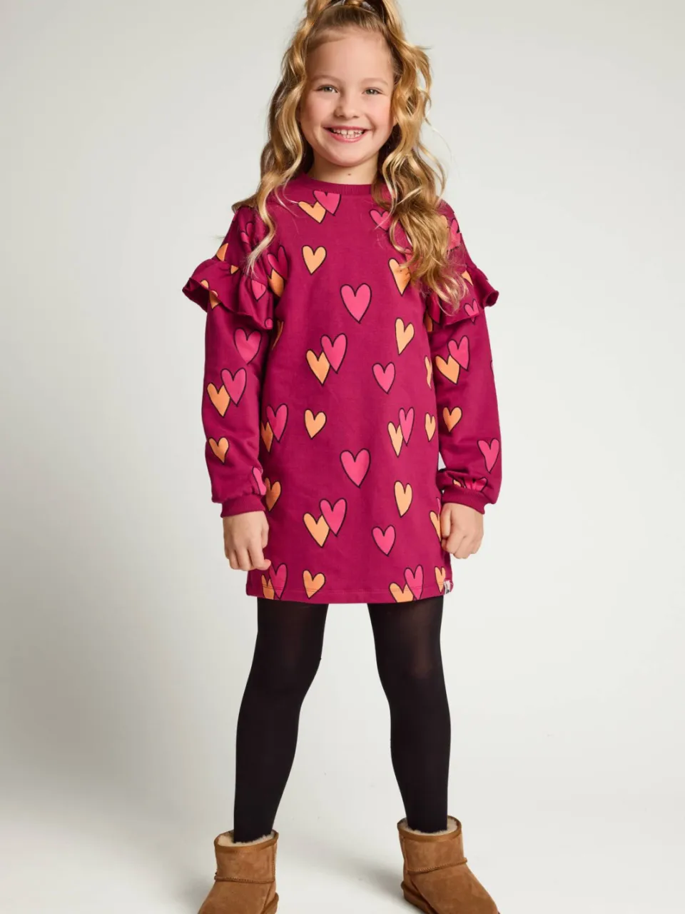 LOOXS little sweatjurk met ruches en hartjes donkerrood, foto 6