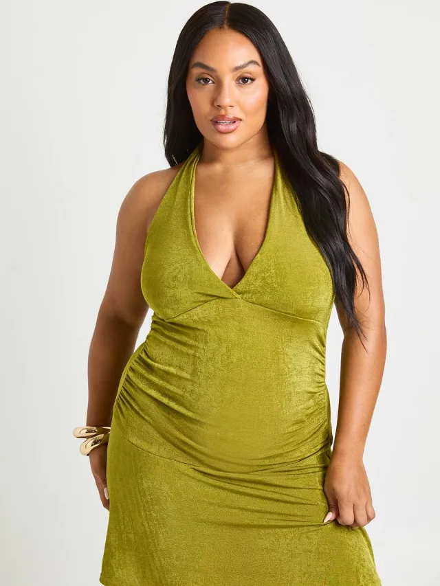 boohoo Dames plus getextureerde slinky mini-jurk met drop hem Chartreuse
