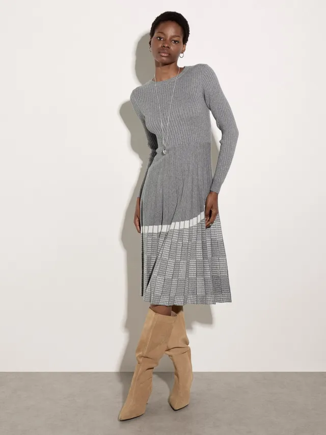 Apricot Midi-jurk van geribd breiwerk met asymmetrische strepen Grey