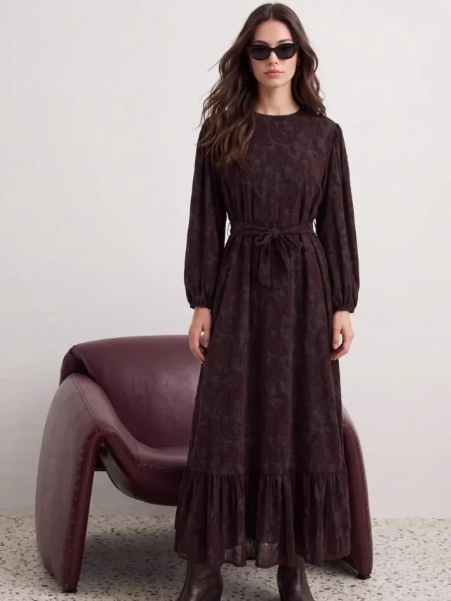 Trendyol Modest Dames Bruin Gestructureerd Maxi Lang Skater Modest Jurken, foto 2