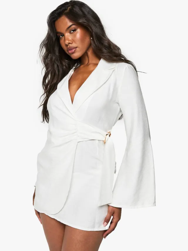 boohoo Dames Linnen-look Blazerjurk met gespdetail en strik in de taille Ecru