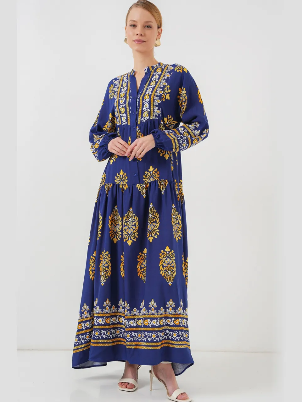 Big Dart Bedrukte V-hals Maxi-jurk met Knopenclosure Marineblauw