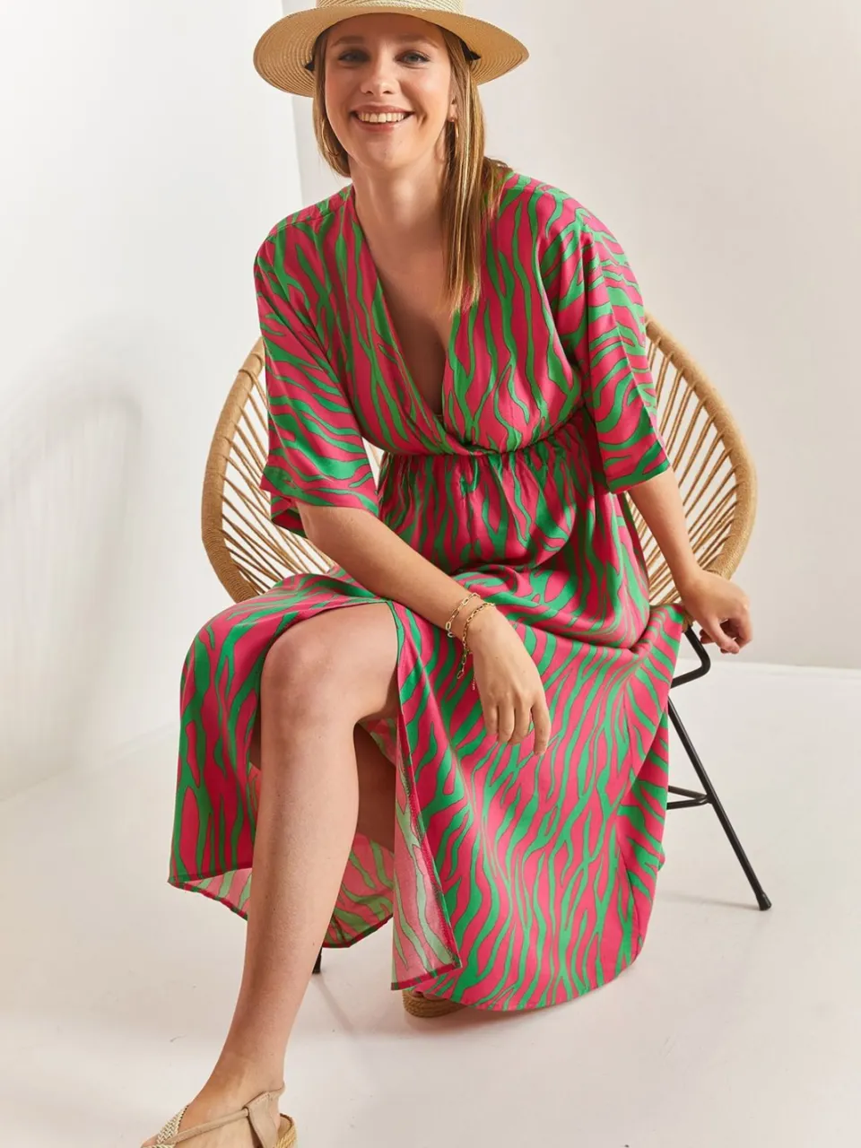 Bianco Lucci Geprinte V-hals Midi-jurk met Split fuchsia, foto 2
