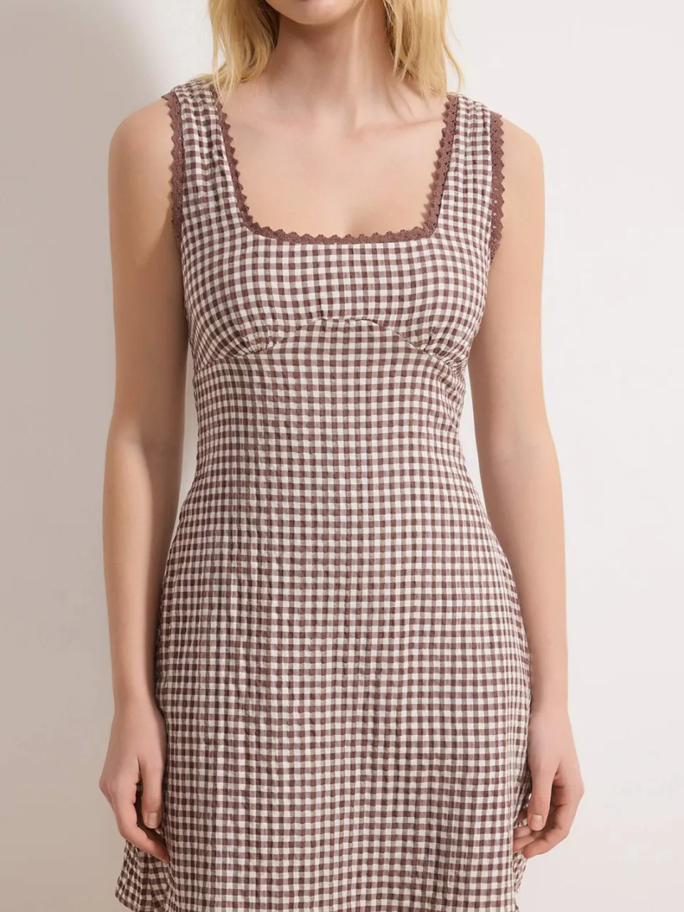 Trendyol TRENDYOLMİLLA Dames Bruin Geruit Kort / Mini Mouwloos Casual A-lijn Jurken, foto 2