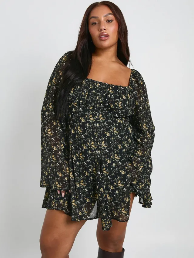 boohoo Dames Plus Floral Chiffon Godet Skater Zwart