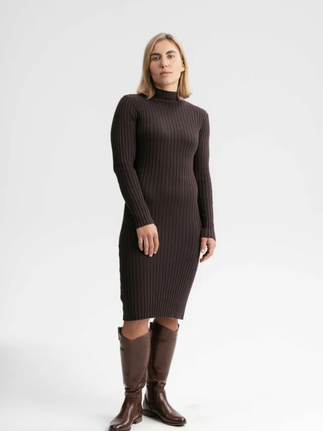 MELA dames vegan Jurk Shivani Rib Donkerbruin