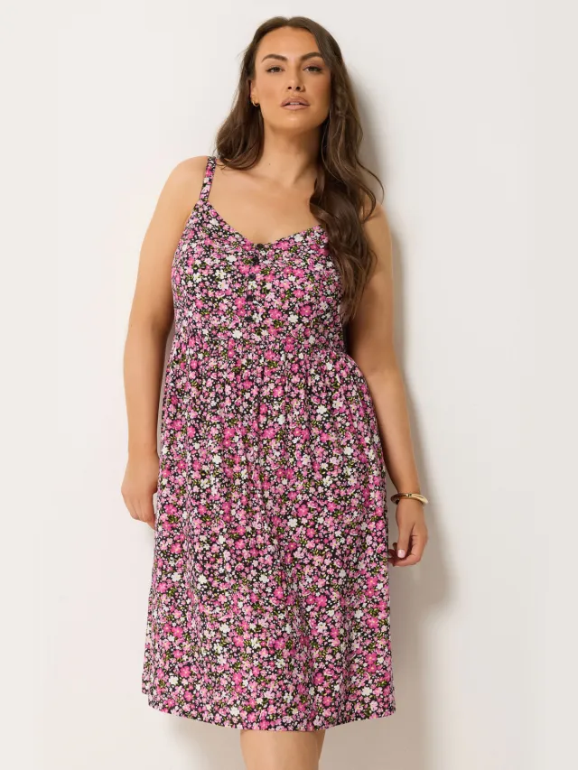 Yours Roze Midizomerjurk Met Bloemenprint En Spaghettibandjes-64 Pink
